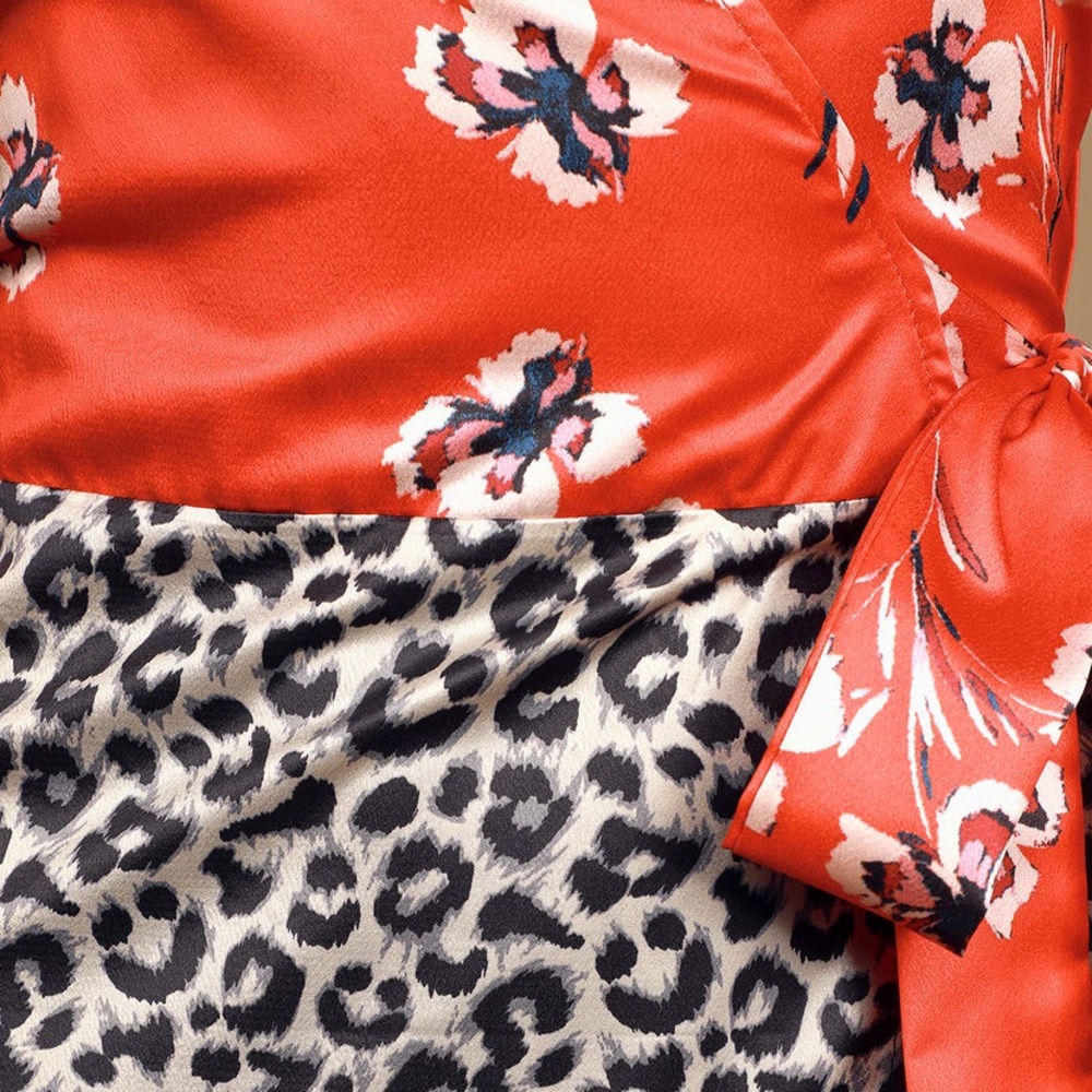 NWT LULUS Red Multi Print Satin Midi Wrap Dress - Picture 4 of 6
